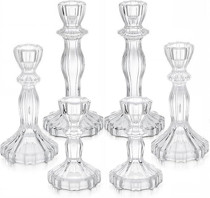 Mumufy 6 Pack Glass Taper Candle Holders Clear Candlestick Holder Fit 0.8 Inch Candles 4'' 6'' 8'' Tall Crystal Decorative Candlestick Stand Centerpiece for Table Wedding Dining Party (Classic)