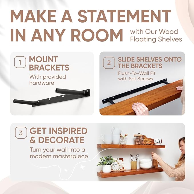 Homeforia Oak Floating Shelves 36 inches Long, High End Solid Real Wood 36 inch Floating Shelf for Room Wall, Honey Oak Wooden 36inch Kitchen Shelves, Heavy Duty Bracket, 36 X 6.5 X 1.75 in, Set of 4