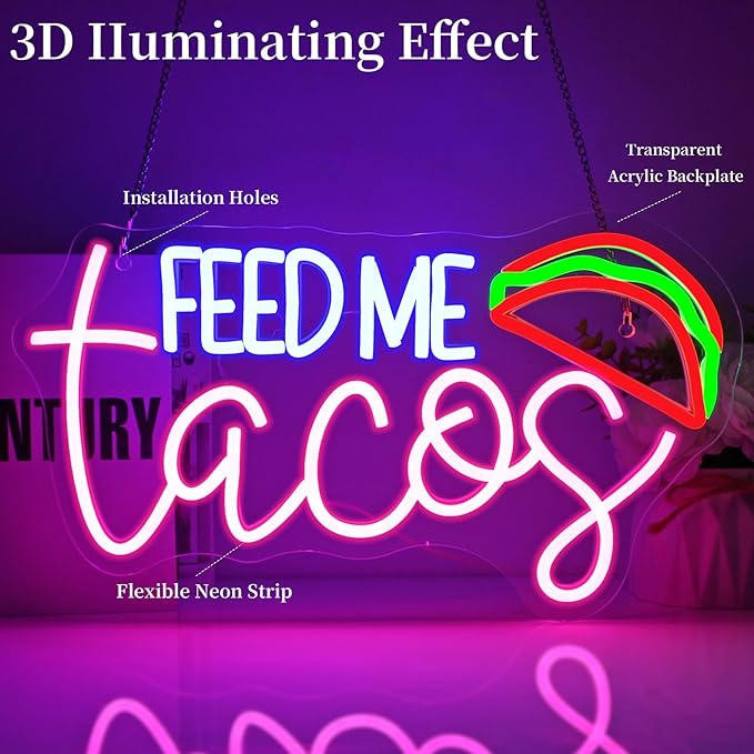 Feed Me Tacos Neon Sign Led Neon Lights Neon Signs for Wall Decor Light Up Sign for Birthday Party Club Gift