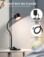 Desk Lamp, LED Desk Lamp with USB C + A Charging Ports, 5 Colors Fully Dimmable Eye Care Reading Lamp for Bedside Table Full Metal Efficient Gooseneck Table Lamp for Home Office Black