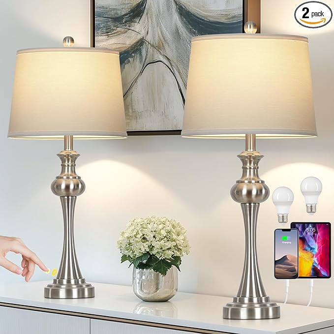 28.75"Silver Table Lamps Set of 2, 3 Way Touch Control Living Room Lamps with USB A+C Ports & Outlets , Modern Bedside Lamps, Elegant Metal Nightstand Lamps for Bedroom Office End Table Decoration
