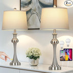 28.75"Silver Table Lamps Set of 2, 3 Way Touch Control Living Room Lamps with USB A+C Ports & Outlets , Modern Bedside Lamps, Elegant Metal Nightstand Lamps for Bedroom Office End Table Decoration