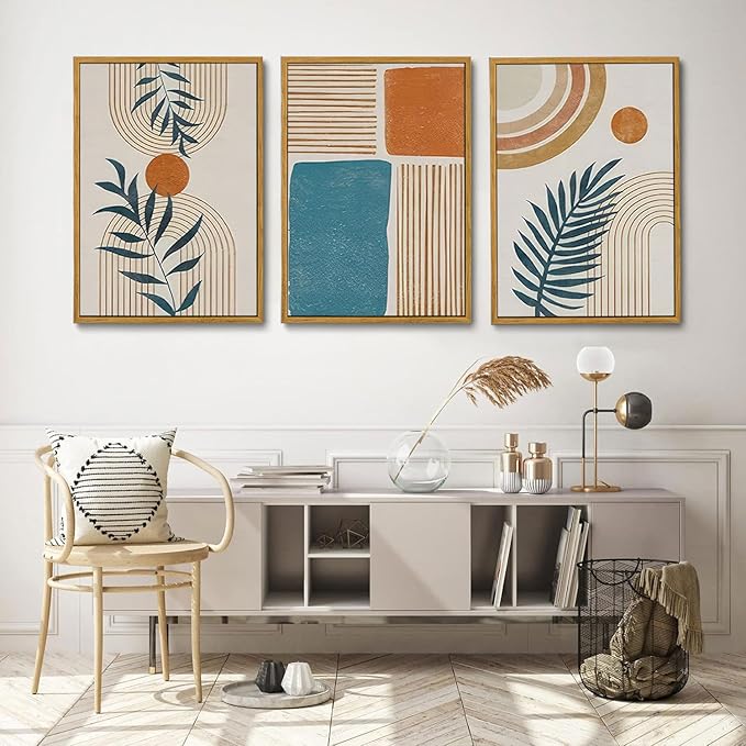 Bwodke Boho Wall Art, Framed Abstract Wall Art, botanical Neutral Canvas Wall Decor, Large Mid Century Plant Pictures Set of 3, Modern Minimalist Paintings ，for Bedroom Living Room Bathroom