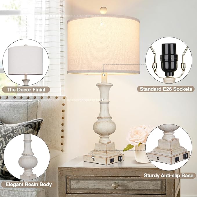 26" Farmhouse Table Lamps, Table Lamps for Living Room Set of 2 with USB A+C Ports & AC Outlet, Vintage Rustic Touch Control 3-Way Dimmable Boho Nightstand Lamp White Washed Resin for Bedroom Deocr