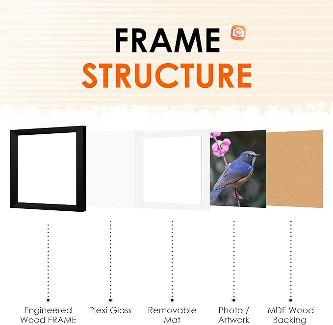 FIXSMITH 8x8 Picture Frames Set of 2, Photo Frame with HD Plexiglass, Display Pictures 6x6 with Mat or 8x8 Without Mat Multi Picture Frames Collage for Tabletop or Wall Display, Black