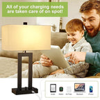Modern Table Lamps Set of 2-22" Tall Bedside Lamps with USB-C/USB-A Charge Ports & Outlet, Stepless Dimmable Fabric White Shade Nightstand Lamps for Bedroom & Living Room