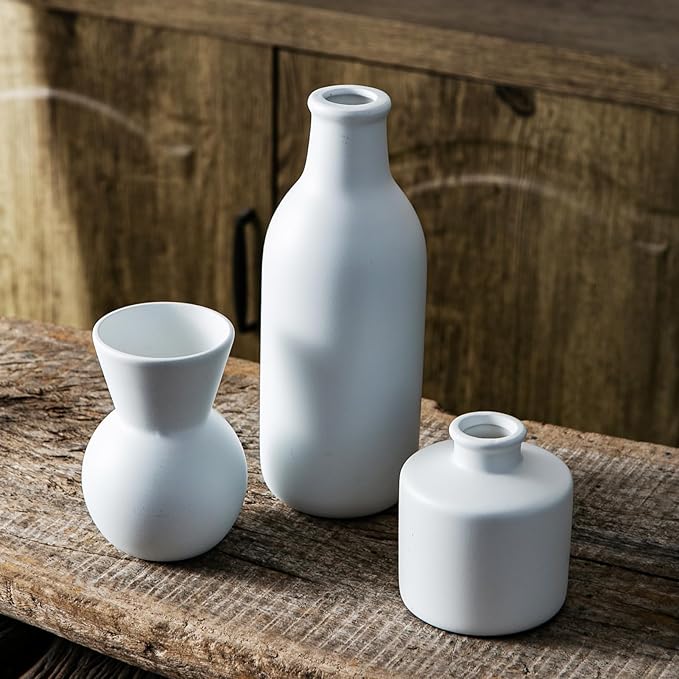 Fake Flowers in Vase for Centerpieces, Faux Flowers in Modern Ceramic Vase Set of 3 with 8 Artificial Autumn Chrysanthemums Home Decor