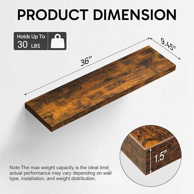 BAYKA Floating Shelves for Wall, 36 inches Long Wall Mounted Rustic Wood Shelves for Bathroom, Bedroom, Living Room, Kitchen, Office, Hanging Shelf for Books/Storage/Decor(Brown,Set of 2)