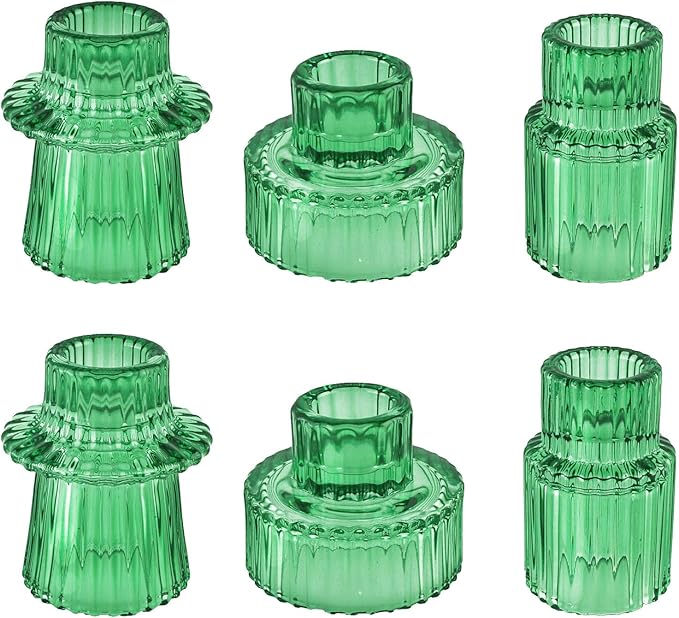 Double Sided Vintage Ribbed Taper Glass Candle Holders,Tea Candle Holder for Table Centerpieces, Wedding Decorations and Dinner Parties (Green, 6 PCS)