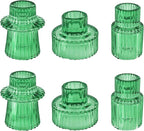 Double Sided Vintage Ribbed Taper Glass Candle Holders,Tea Candle Holder for Table Centerpieces, Wedding Decorations and Dinner Parties (Green, 6 PCS)