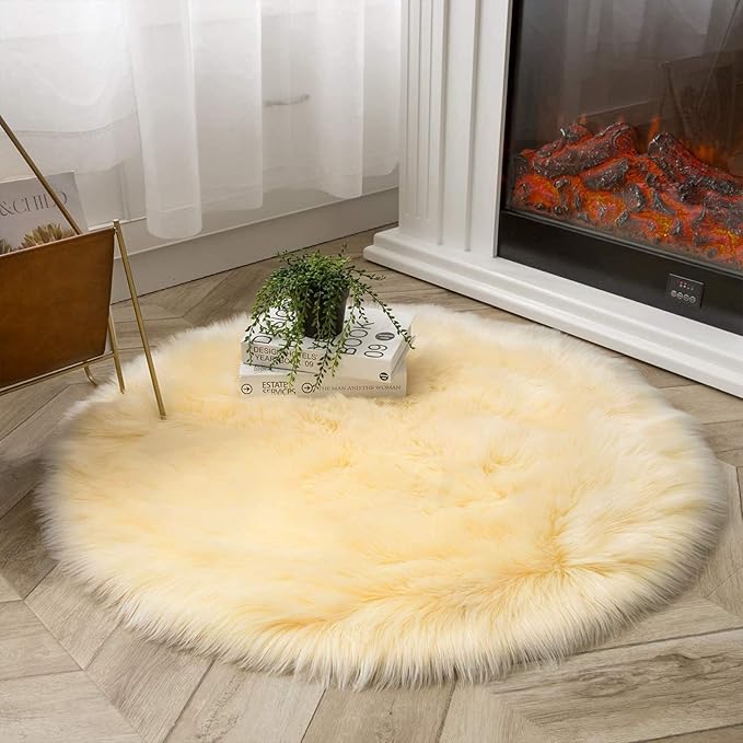 Latepis Yellow Round Rug 3ft Small Circle Faux Sheepskin Fur Rug Fluffy Boho Plush Rug Cute Furry Rugs for Bedroom Cushion Home Decor
