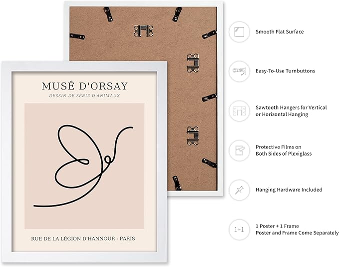 Poster Master Vintage Poster - Retro One Line Butterfly Drawing Print - Butterfly Line Art - Minimal Gift for Him, Her, Animal Lover - Abstract Decor for Home, Office, 8x10 White Framed