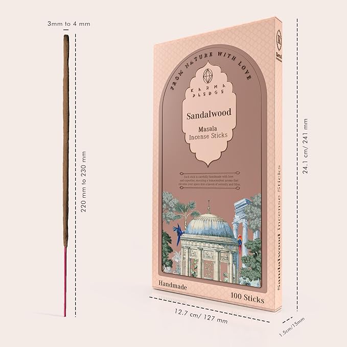 Incense Sticks, Sandalwood Incense, Pack of 100 Stick, Hand Rolled Aromatic Masala Made with Natural Ingredients, 45-60 Minute Burn Time, Best for Home Fragrance, Meditation, Yoga, Spiritual Healing