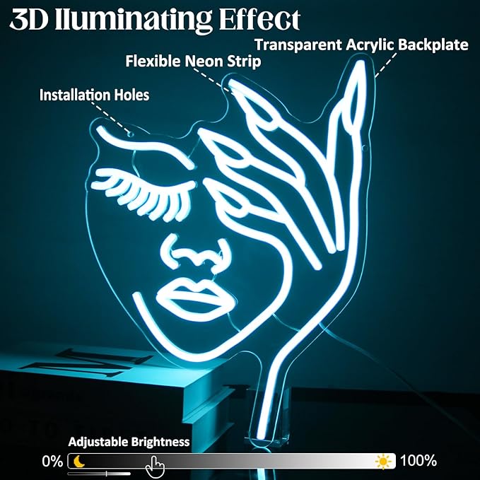 Woman Face Neon Sign Nails Finger LED Signs Lady Lash Neon Light Blue Dimmable Nail Gesture Neon Wall Sign for Bedroom Girls Room Beauty Salon Decor Aesthetic Wall Art Gifts