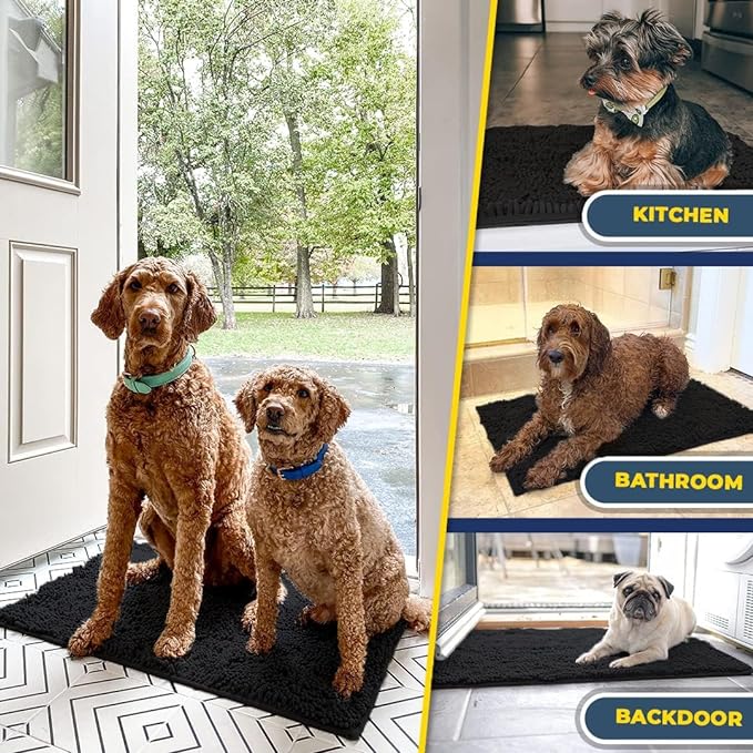 Muddy Mat® 4-Piece Black Medium 30"X19" AS-SEEN-ON-TV Highly Absorbent Microfiber Door Mat, Bath Mat and Pet Rug, Non Slip Thick Washable, Soft Chenille for Kitchen Bathroom Bedroom Indoor and Outdoor