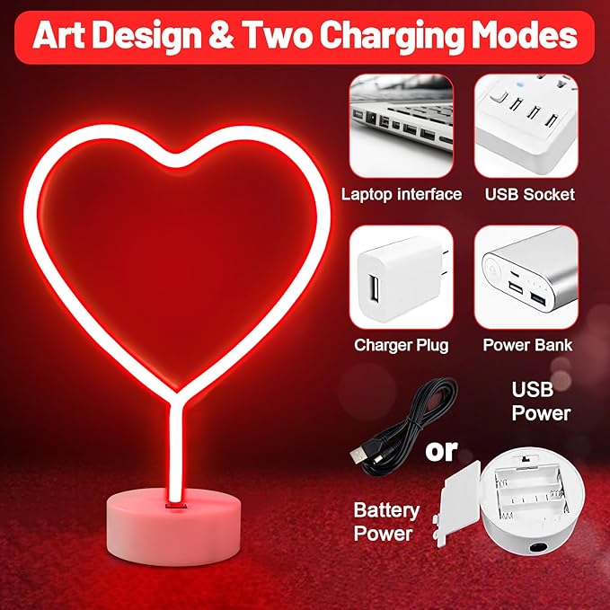 BRIGHTDECK 2 Pack Heart Neon Signs, LED Lights Battery Operated or USB Powered Decoration Lamp, Neon Lights Decor for Valentine's Day Gifts, Wedding, Party, Pink Room Decor (Red Heart)