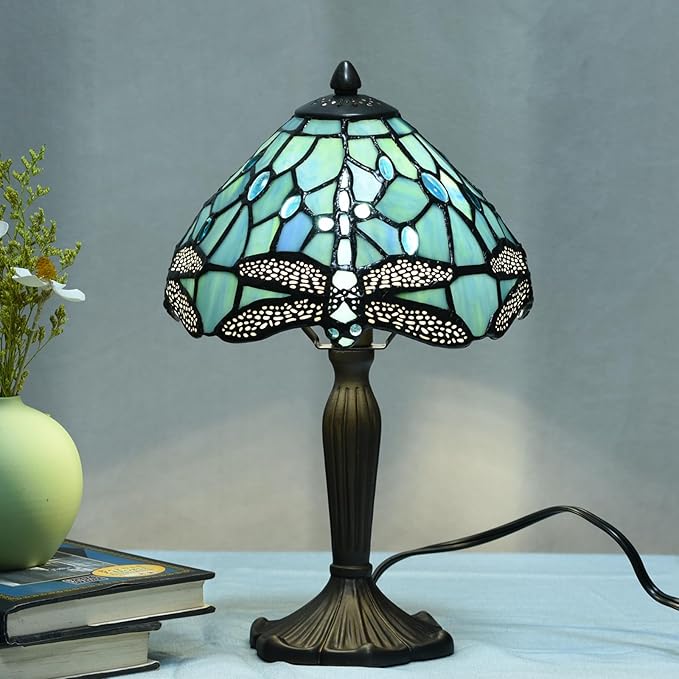 TL0008 Tiffany Lamp Sea Blue Stained Glass Dragonfly Style Desk Reading Light for Small Space Bedside Bedroom Home Office,8" D x 14.25" H, LED Bulb Included
