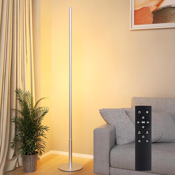 Marlrin Minimalist Corner Floor Lamp 2700K-6500K Dimmable with Remote Control 57.8" Height Metal Slim Ambient Standing LED Light Modern Design Decorative Lamp for Living Room Bedroom (Silver)