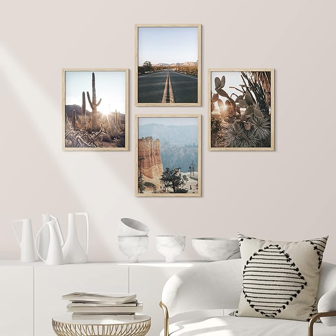 SIGNWIN Framed Cactus Desert Landscape Wall Art, Set of 4 Southwest Texas Arizona Saguaro Wall Decor Prints, Nature Wilderness Wall Décor for Living Room, Bedroom - 12"x16" Natural