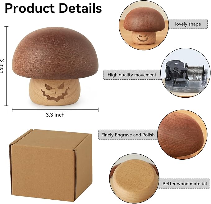 Cute Wood Mechanism This is Halloween Tune Music Box Mini Mushroom Pumpkin Scary Halloween Decorations Gift for Kids Boys Man Women Girls on Halloween Christmas