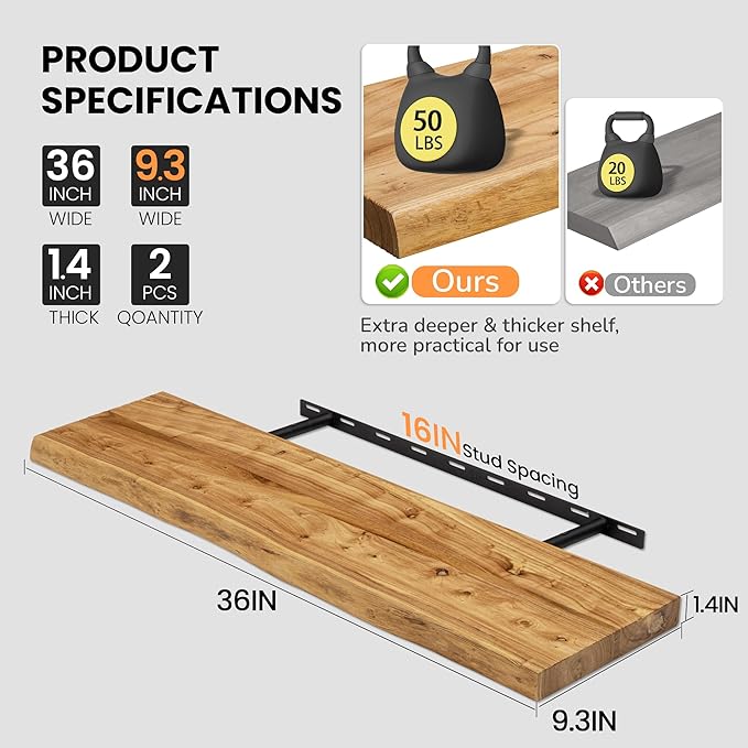 Floating Shelves for Wall, 36"x9.3" Rustic Solid Live-Edge Elm Wood Wall Shelves, Heavy-Duty Floating Shelves with Invisible Brackets, Set of 2 for Living Room, Bedroom, and Kitchen, Natural Finish