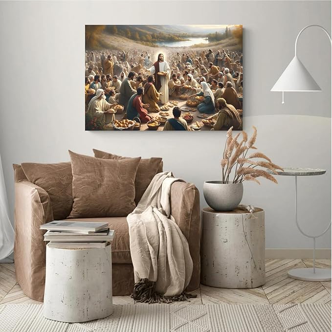 XWNLTEPK Jesus Feeding 5,000 People with Five Loaves and Two Fishes Miracle Mercy Canvas Art Wall Decor Poster Suitable for Bedroom Living Room Relaxation Room Confession Room