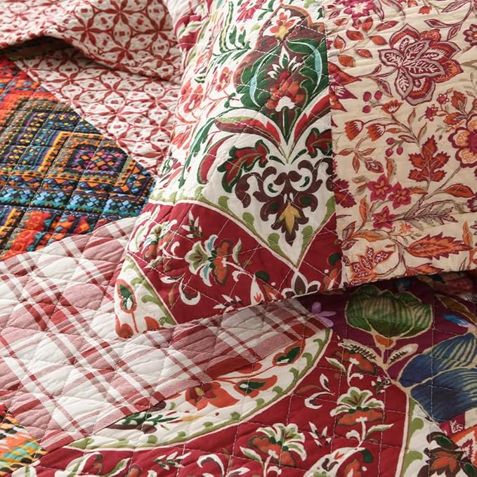 Cotton Bedspread Quilt Sets Reversible Bedding Coverlet Sets 3 Pieces Gorgeous Vintage Damask Red Patchwork Bedspread, Queen Size