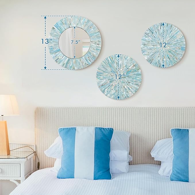 Beach Mirror Wall Decor for Living Room, 3PCS Natural Mother of Pearl Coastal Wall Art Bedroom Bathroom Decoration, Handmade Ocean Round Wall Hanging Sculptures for Home Office Holiday Hotel