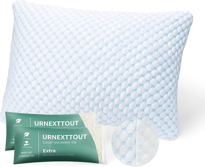 Shredded Memory Foam Pillows Pillow for Side Sleepers Cooling Pillows Stomach Sleeping Pillow Standard Pillow with 2 Extra Fill Blue