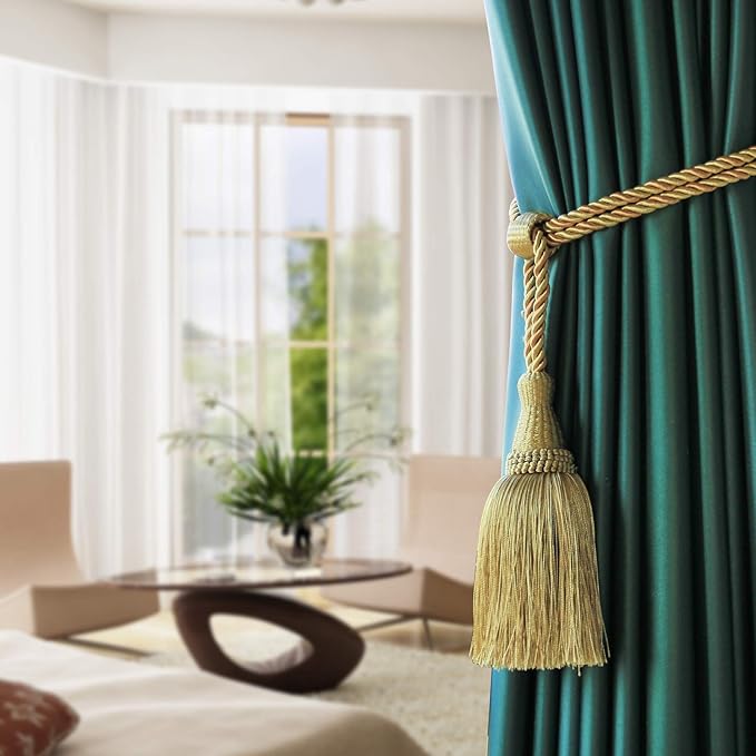 Fenghuangwu Curtain Tiebacks Handmade Elegant Curtain Tie Backs Holdbacks with Tassel for Home Office Decor 2 Pack - Gold