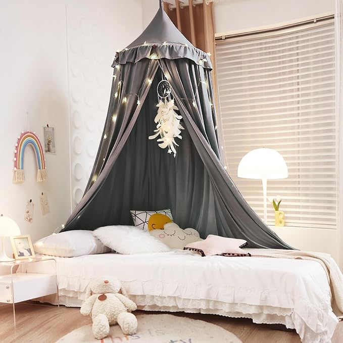 Kertnic Decor Canopy for Kids Bed, Soft Smooth Playing Tent Canopy Girls Room Decoration Princess Castle, Dreamy Mosquito Net Bedding, Children Reading Nook Canopies in Home (Gray)