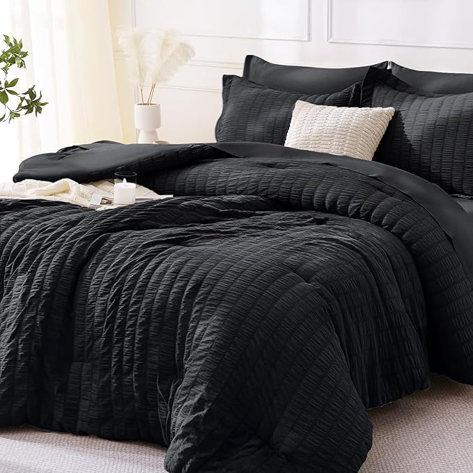 MUXHOMO 7 Pieces King Comforter Set, Seersucker Bed in a Bag King Size, All Season Luxury Bedding Set with Comforter, Flat Sheet, Fitted Sheet, Pillowcases & Shams, Black