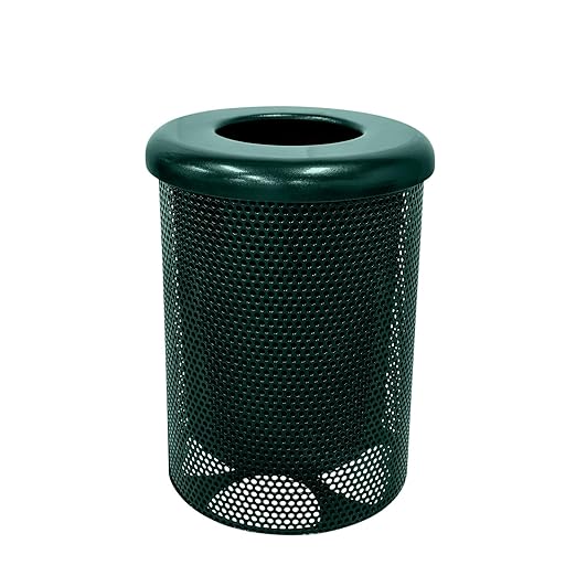 Coated Outdoor Furniture 32-Gallon Heavy-Duty Punched Steel Round Trash Receptacle, Commercial Outdoor Waste Bin with Liner & Black Flat Top Lid – Made in America (Textured Dark Green)