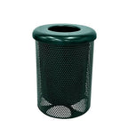 Coated Outdoor Furniture 32-Gallon Heavy-Duty Punched Steel Round Trash Receptacle, Commercial Outdoor Waste Bin with Liner & Black Flat Top Lid – Made in America (Textured Dark Green)
