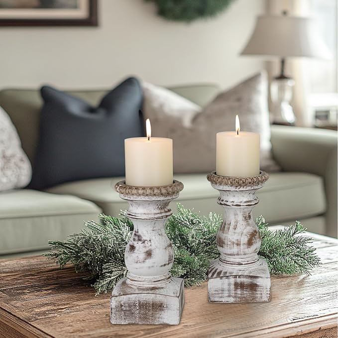 Candle Holder for Pillar Candle Set of 2, Farmhouse Wood Candle Holder, Rustic Wooden Candle Stand, Vintage Wooden Candlestick Holders Decorative for Living Room, Table Centerpiece, Washe White
