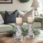 Candle Holder for Pillar Candle Set of 2, Farmhouse Wood Candle Holder, Rustic Wooden Candle Stand, Vintage Wooden Candlestick Holders Decorative for Living Room, Table Centerpiece, Washe White