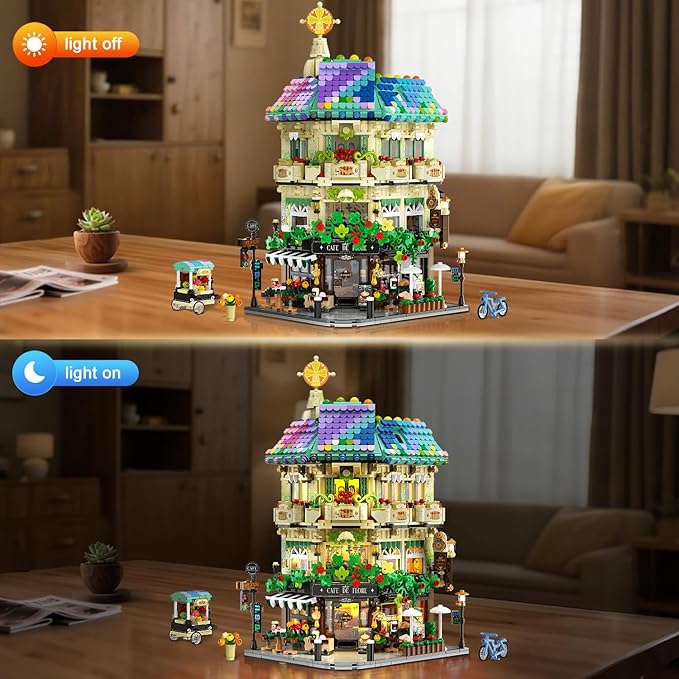 Flower Cafe House Building Set with Lights, 1876 PCS City Street Corner Shop Construction Model, Art Architecture Modular Building Block Kit Home Decor, Gift for Adults Teens Boys Girls 12+