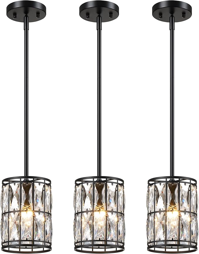 Modern Crystal Pendant Light Fixture 3-Pack Matte Black Finish Hanging Lighting Crystal Chandelier for Living Room, Kitchen, Hallway