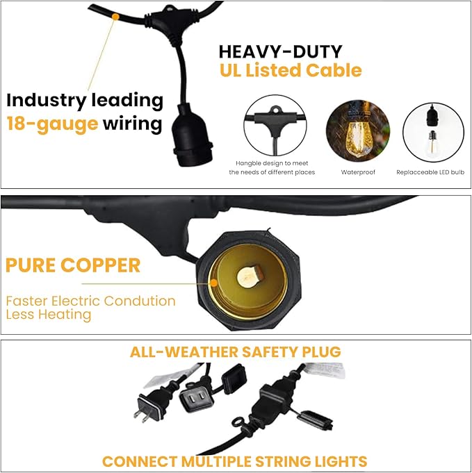 Svater 144 FT Outdoor String Lights 2W, Patio Light for Outside with 48 Antique S14 Plastic LED Bulbs, IP65 Waterproof Hanging Cafe Market Lighting, ETL-Listed Dimmable Warm White (48 FT x 3)