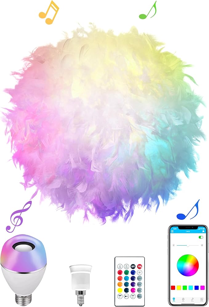Star Vision Feather Lamp with Smart Light Bulb, Bluetooth Speaker & APP Control, Dimmable RGB LED Light, 15.7inches, White