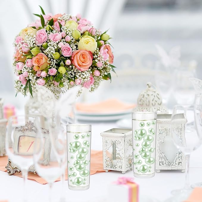 200PCS Light Green Faux Pearls Beads for Centerpiece Vases, Vase Filler Faux Pearls, No Holes Filler Beads for Party Anniversary Birthday Wedding Table Decor, 10/14/20/30mm