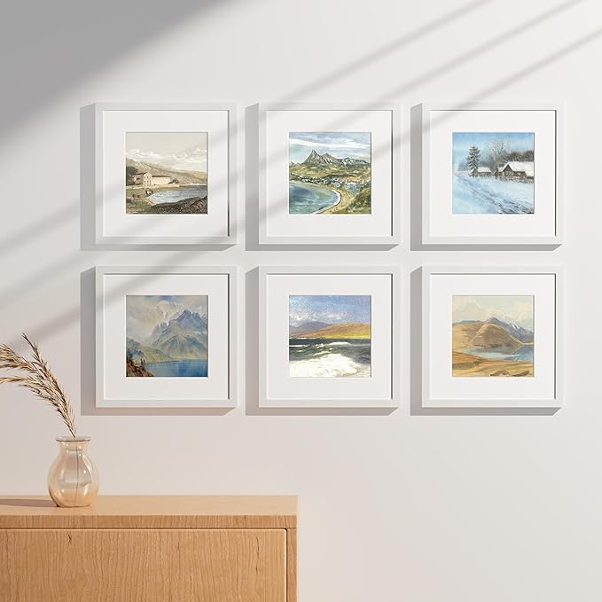 Vittanly 12x12 Picture Frames Set of 9, Shatter Resistant Plexiglass, Display 8x8 Pictures with Mat or 12x12 without Mat, Photo Frames for Wall Mount, Engineered Wood, White