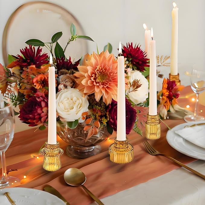 Double Sided Vintage Ribbed Taper Glass Candle Holders,Tea Candle Holder for Table Centerpieces, Wedding Decorations and Dinner Parties (Amber, 6 PCS)