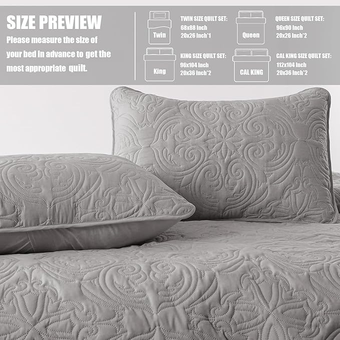 Exclusivo Mezcla Quilts Queen Size Bedding Set with 2 Pillow Shams, Lightweight Light Grey Full Queen Quilt Bedspread with Vintage Damask Pattern, Soft Bedspreads Coverlets for All Seasons