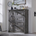 5 Drawers Dresser for Bedroom, Farmhouse 46" Tall Dressers & Chests of Drawers w/Roman Column, Wood Rustic Closet Dresser w/Two Different Drawer Sizes for Bedroom, Living Room, Light Grey