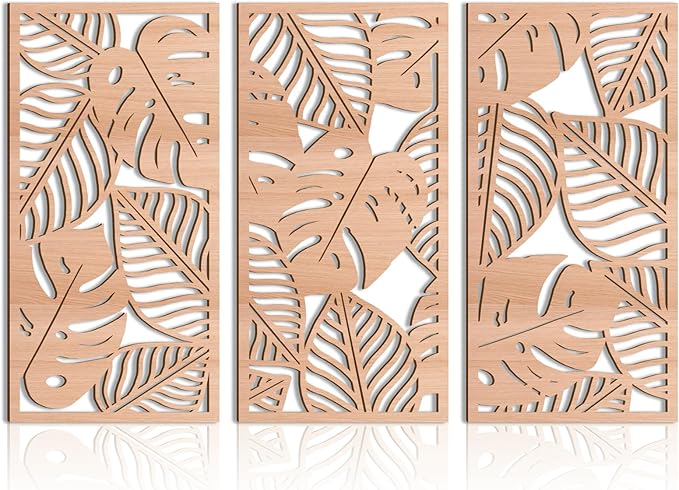 IARTTOP Leaf Wood Tropical Wall Art 15.9X32 Inch Carved Palm Leaves Wall Decor Coastal Monstera Plant Wall Sculptures for Living room Bedroom Set of 3