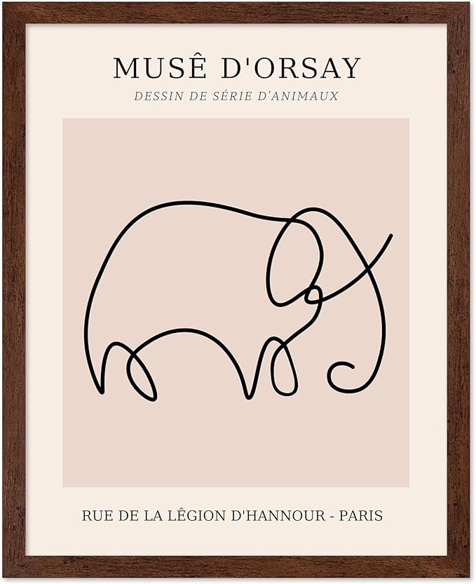 Poster Master Vintage Poster - Retro One Line Elephant Drawing Print - Elephant Art - Minimal Gift for Men, Women, Animal Lover - Abstract Wall Decor for Home, Office, 11x14 Brown Framed