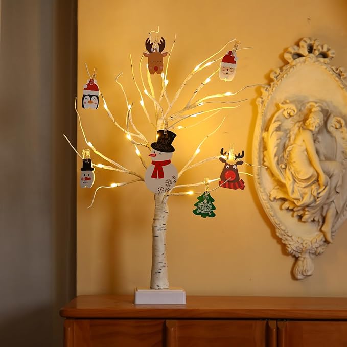 Money Tree Gift Card Holder 24 LED Birch Twig Treelights Battery/USB Powered Light Up Display Twig Gift Card Holder with 22 Clear Clips for Graduation Birthday Wedding Photo (Warm Color)