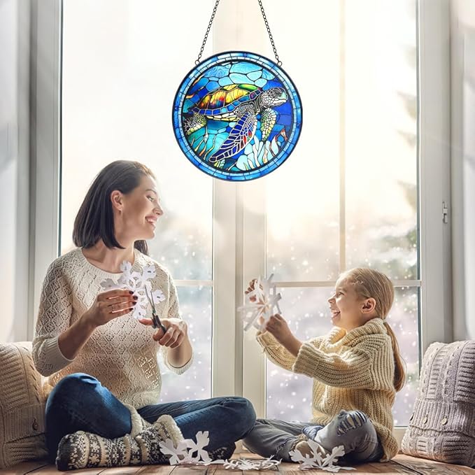 Stained Glass Turtle Suncatcher Window Hanging - Handmade Sea Turtle Suncatchers for Windows with Hooks - Sea Glass Wall Art Home Decor Outdoor Garden Sun Catcher - Birthday Gifts for Mom Grandma