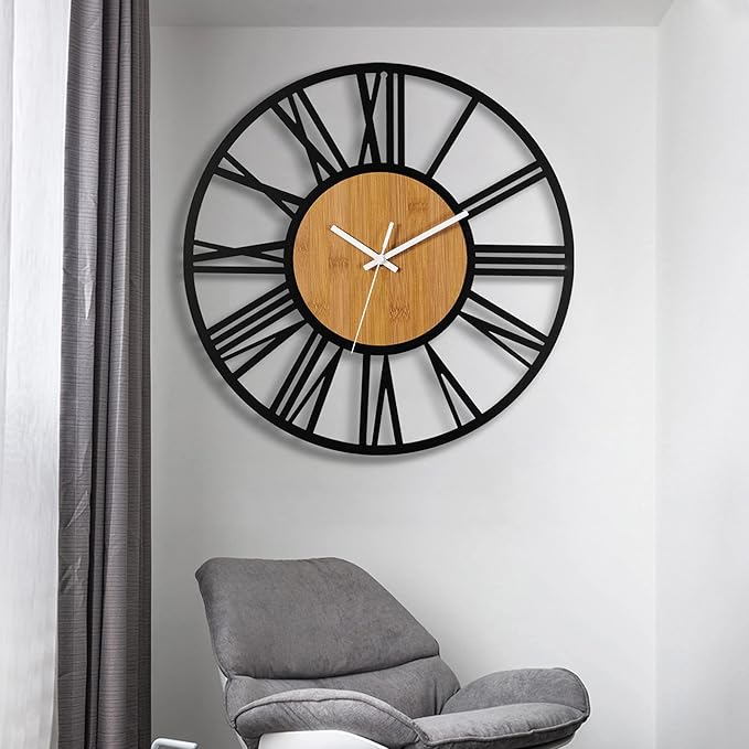 1st owned Wall Clocks for Living Room Decor,20" Vintage,Round Silent Non Ticking,Black Metal,Modern Wood Clocks for Home Bedroom,Kitchen,Garden,Office,Cafe,Modern Wall Decoration -Roman Numerals